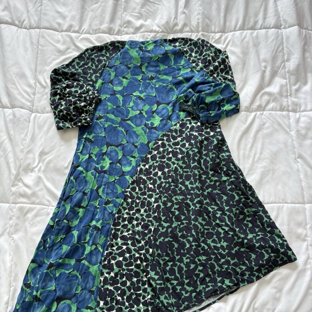 Chico's Midi Dress Womens Medium Geometric Green Black Spotted 3/4 Sleeve Silk - Picture 8 of 8